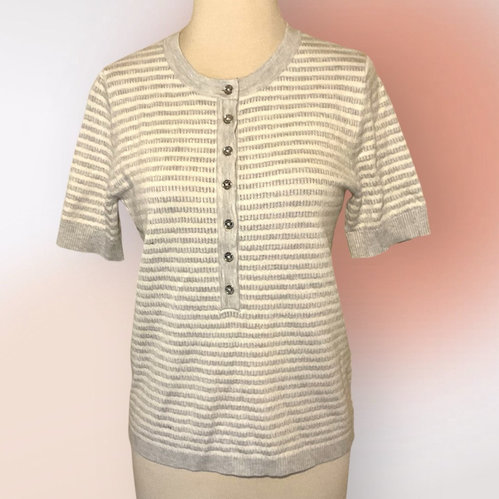 Tommy Hilfiger Gray and White Striped Henley Knit Short Sleeve Tee Size S